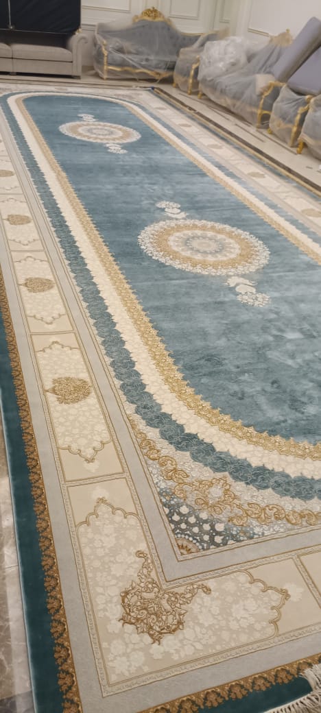 Deep Teal & Gold Hallway Carpet
