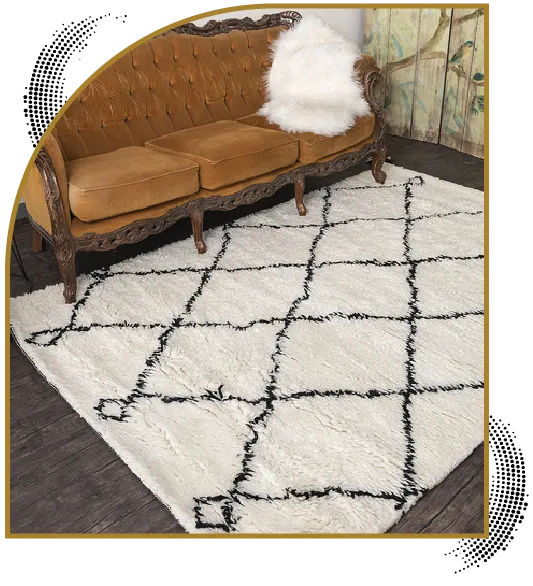 White and Black Color Wool Rug and Wooden Sofa Set