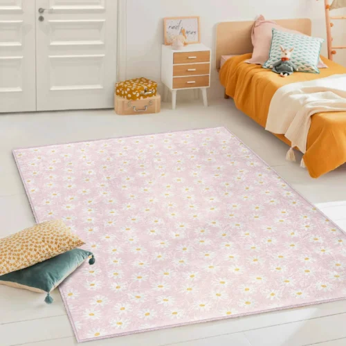 Pink Kids Rug Flowers Pattern Living Room Rug