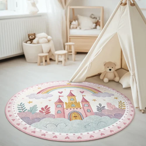 Pink Princess Castle Kids Room Round Rug