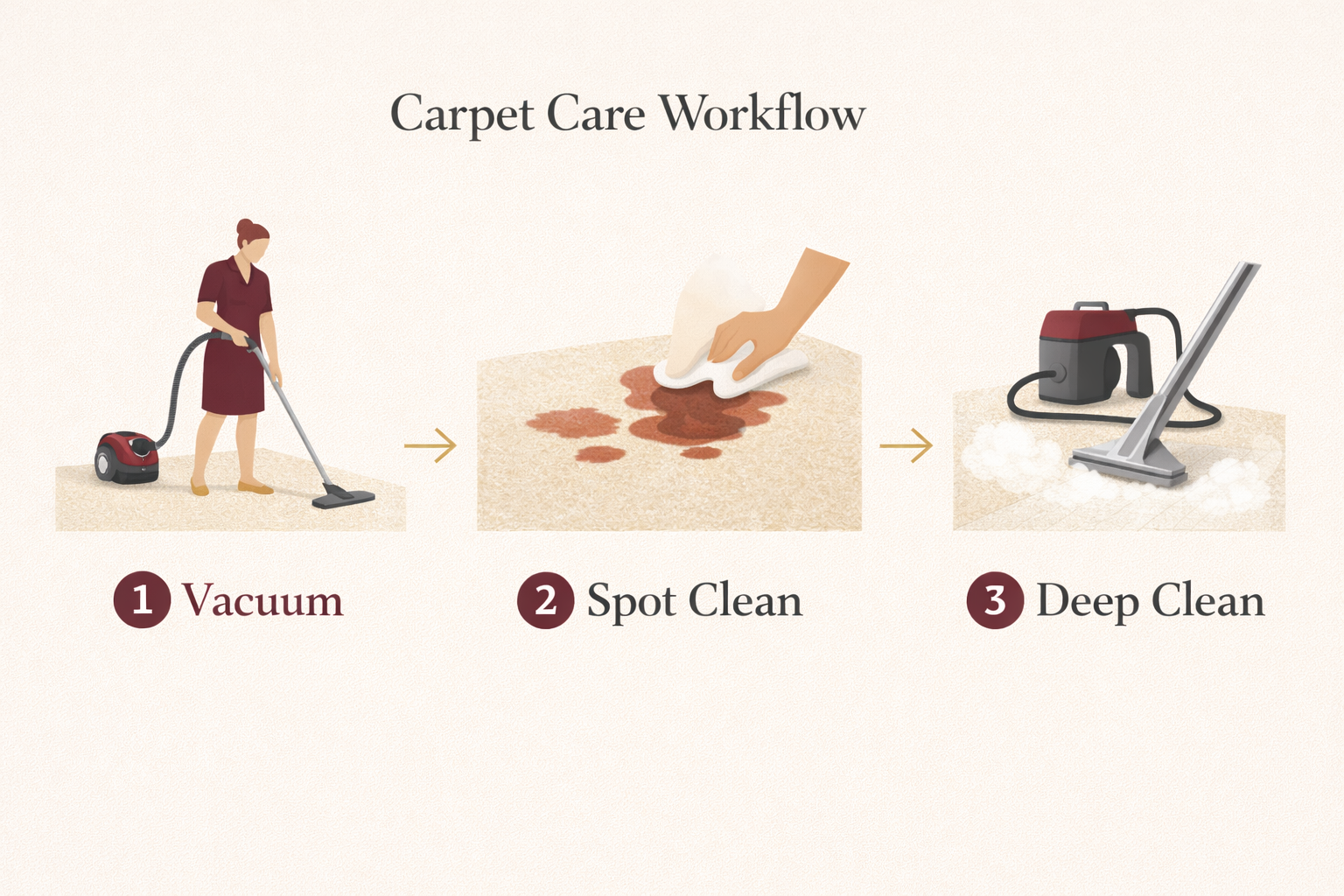 Carpet care workflow: Vacuum, Spot Clean, Deep Clean