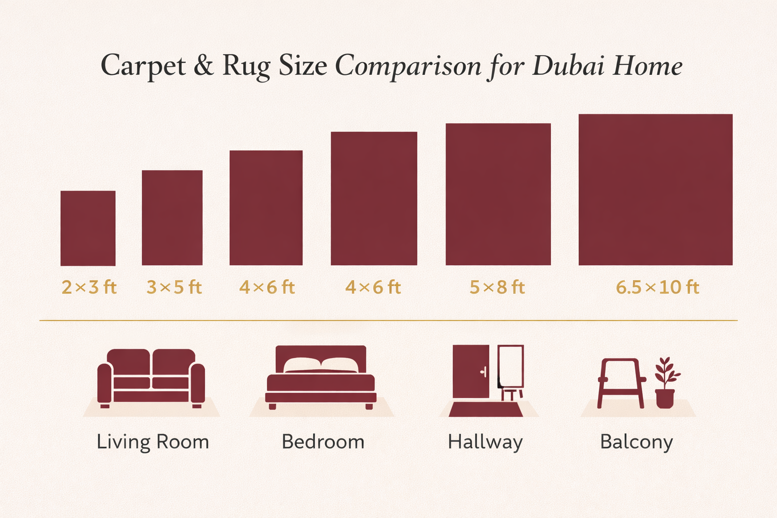 Rug size comparison Dubai standard dimensions