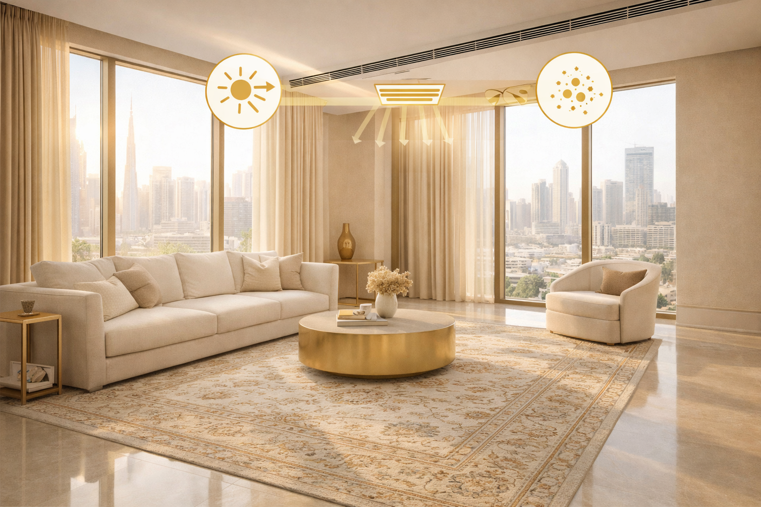 Dubai living room carpet care: sunlight, AC, dust control
