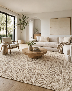 Beige living room carpet in a bright modern interior from Rug Dubai’s Carpets Dubai collection.