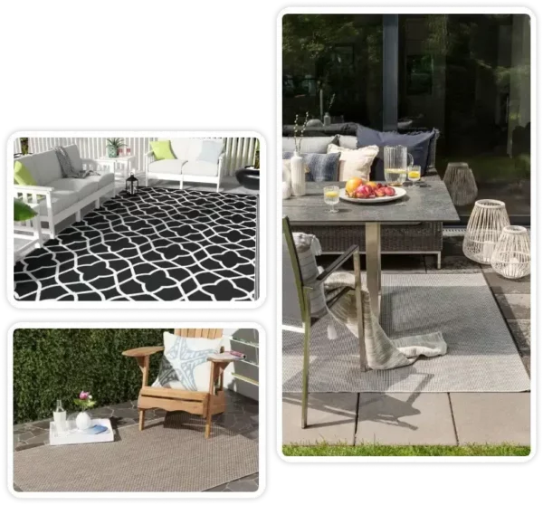 Outdoor rugs and carpets styled in modern patio, garden seating and dining areas