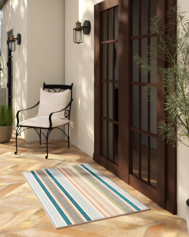 Tropez Stripe Teal Multicolour Outdoor Rug - Image 5