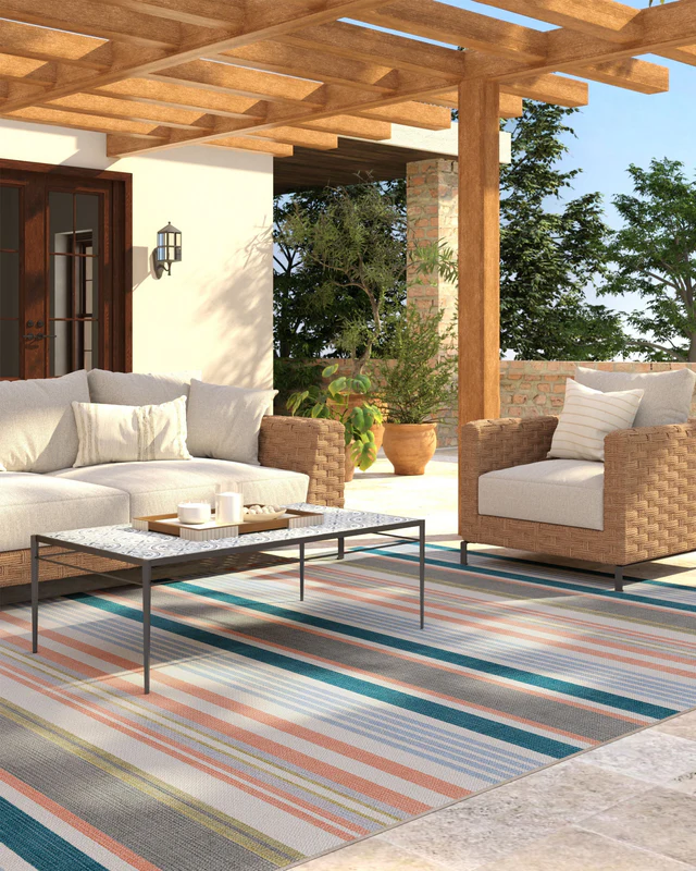 Tropez Stripe Teal Multicolour Outdoor Rug