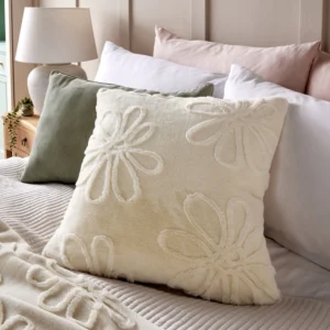 Cream 50 x 50cm Cut Faux Fur Daisy Cushion