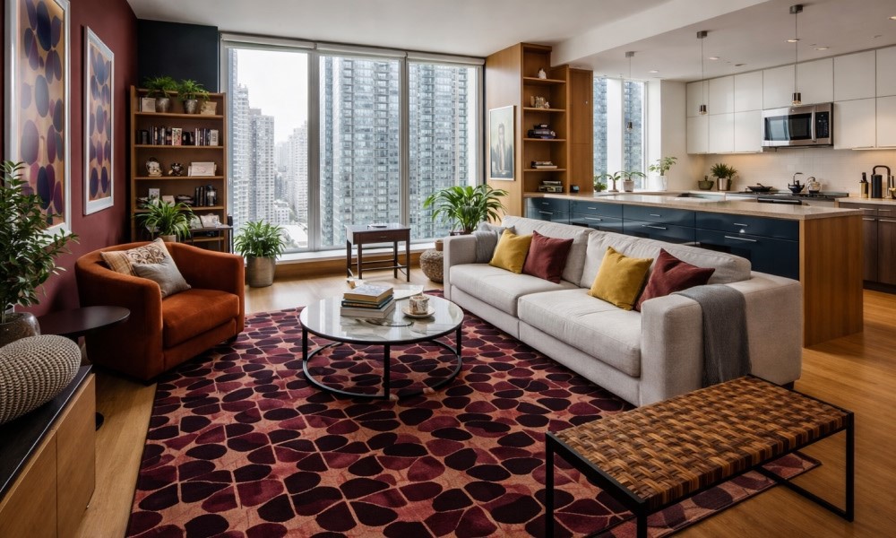 Custom wool rug in Dubai living room sizing