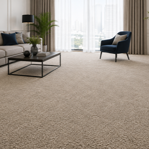 Modern living room featuring soft beige fiber-blend wall to wall carpets in Dubai with a seamless textured finish.