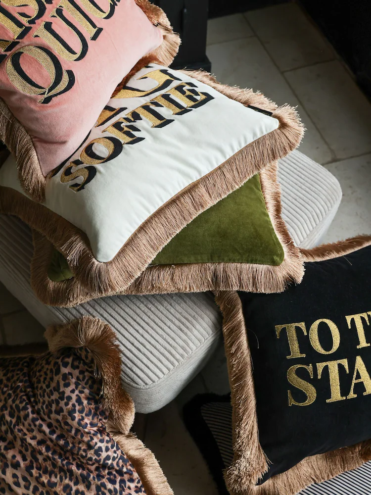 Rockett St George Leopard Love Velvet Fringe Cushion - Image 4