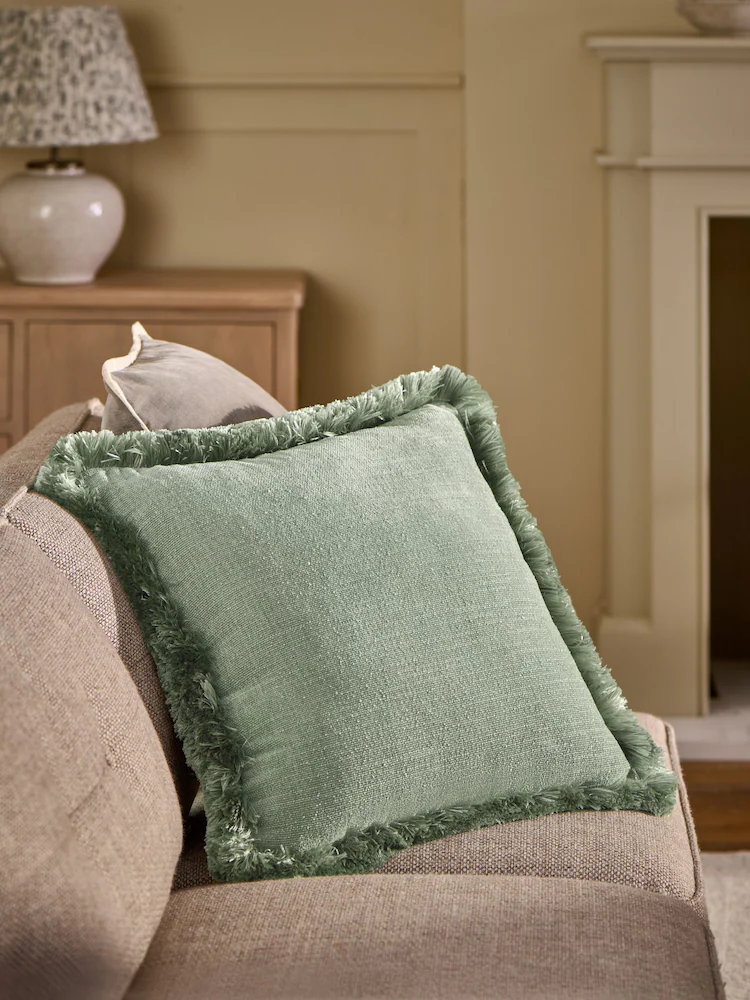 Sage Green 50 x 50cm Chunky Fringe Velvet Chenille Cushion