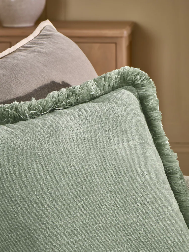 Sage Green 50 x 50cm Chunky Fringe Velvet Chenille Cushion - Image 2