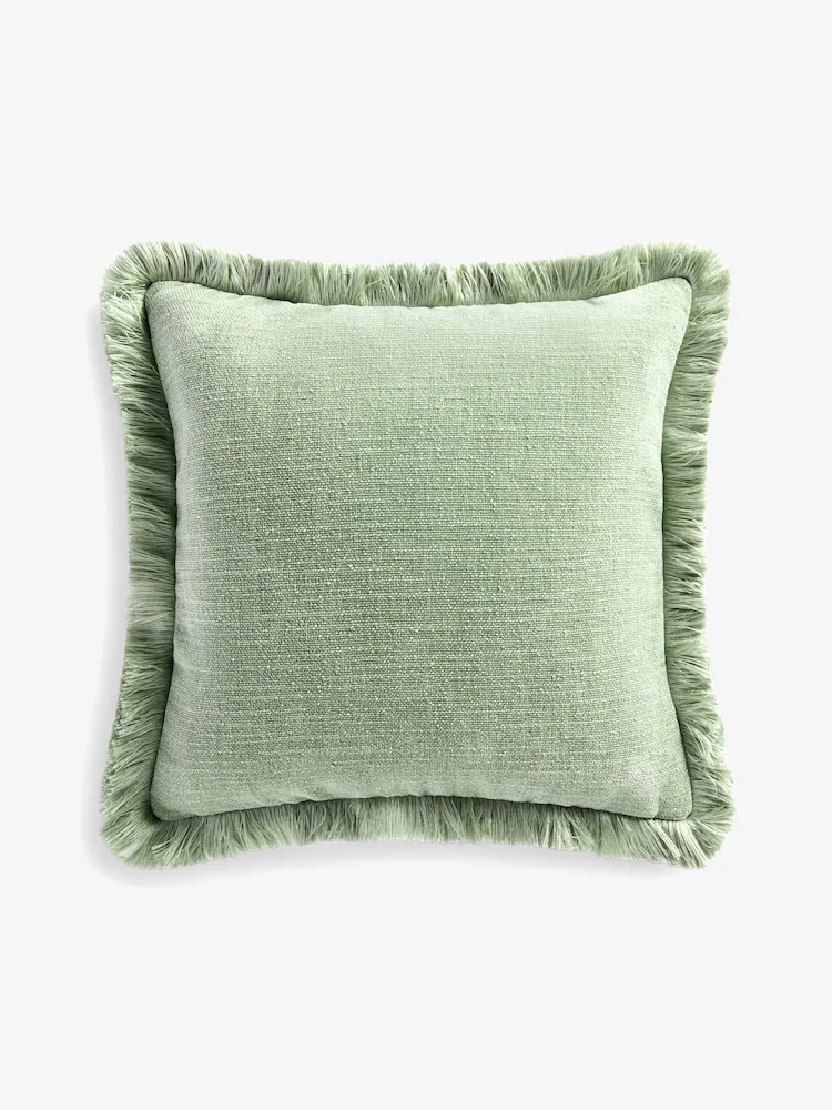 Sage Green 50 x 50cm Chunky Fringe Velvet Chenille Cushion - Image 3