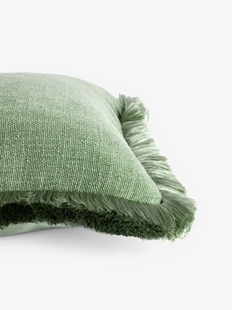 Sage Green 50 x 50cm Chunky Fringe Velvet Chenille Cushion - Image 4