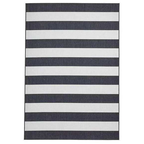 Black White Striped Weatherproof Outdoor Rug 1