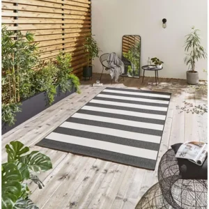 Black White Striped Weatherproof Outdoor Rug