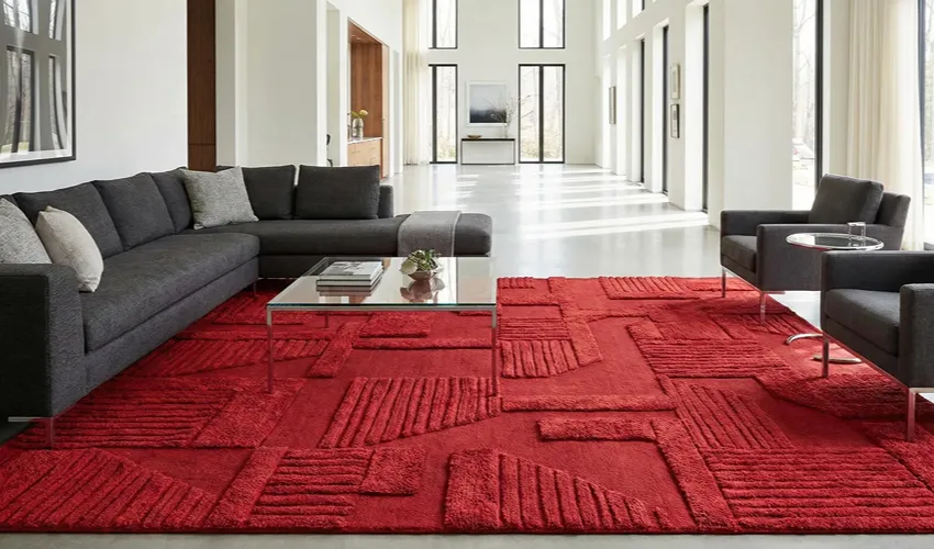 Close-up of a deep red wool carpet pile