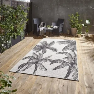 Cream Black Botanical Floral Outdoor Rug