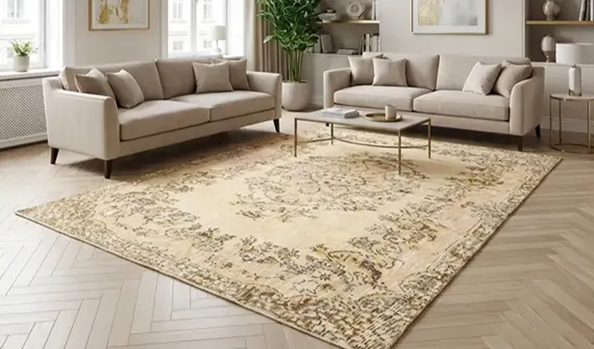 Cream Turkish rug with small floral motifs across the field