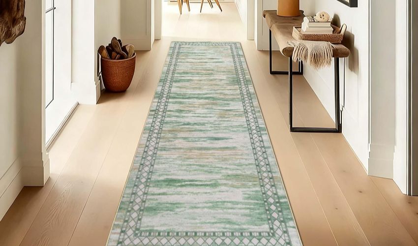 Green and cream striped runner on a hallway floor