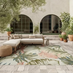 Ivory Green Botanical Floral Outdoor Rug