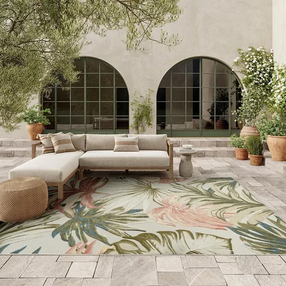 Ivory Green Botanical Floral Outdoor Rug