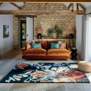 Navy Blue Burnt Orange Floral Wool Rug