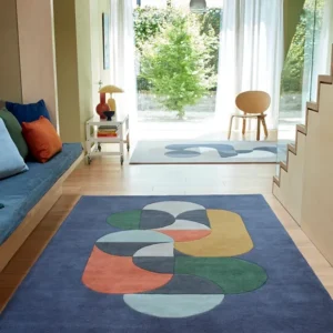 Navy Blue Geometric Pattern Wool Rug