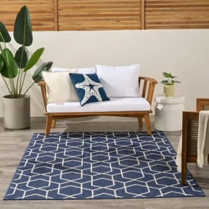 Navy Blue Geometric Weatherproof Outdoor Rug
