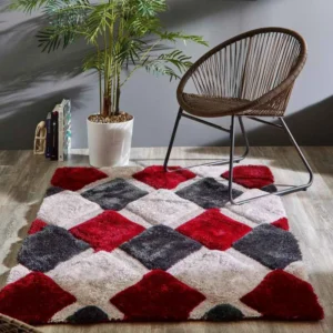 Red 3D Geometric Shaggy Rug