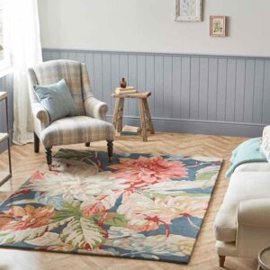 Teal Floral Wool Rug with Botanical Design